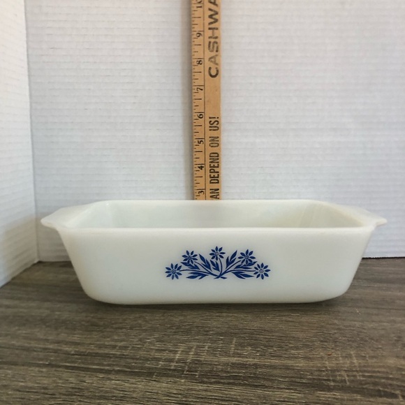 Vtg Milk Glass Baking Dish with Blue Floral Design - Picture 8 of 10